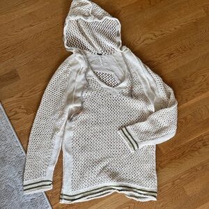 Free People Cream Open-Knit Hoodie Sweater with Olive Trim